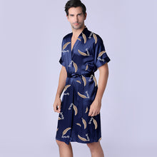 Load image into Gallery viewer, Navy Blue Summer Men&#39;s Kimono Robe Short Sleeve Thin Silk Satin Leaf Print Bathrobe