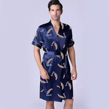 Load image into Gallery viewer, Navy Blue Summer Men&#39;s Kimono Robe Short Sleeve Thin Silk Satin Leaf Print Bathrobe