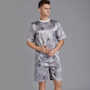 Summer Crew Neck Pattern Baroque Pattern Pajamas Silk Satin Men's Casual Loose Short Sleeve Suit