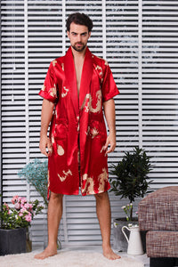 Short Sleeve One Piece Men's Nightgown Dragon Pattern Thin Bathrobe