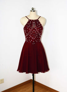 Backless Spaghetti Straps Burgundy Chiffon Short Beaded Homecoming Dress