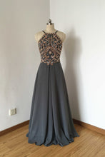 Load image into Gallery viewer, Backless Spaghetti Straps Charcoal Grey Chiffon Long Prom Dress 2020