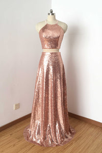 Two Piece Rose Gold Sequin Long Prom Dress 2020