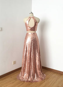 Two Piece Rose Gold Sequin Long Prom Dress 2020