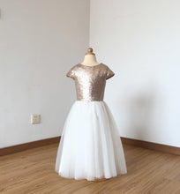 Load image into Gallery viewer, Cap Sleeves Matte Champagne Sequin Ivory Tulle Floor-length Flower Girl Dress