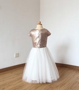Cap Sleeves Matte Champagne Sequin Ivory Tulle Floor-length Flower Girl Dress