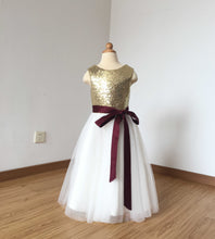 Load image into Gallery viewer, Floor-length Light Gold Sequin Ivory Tulle Flower Girl Dress with Burgundy Sash