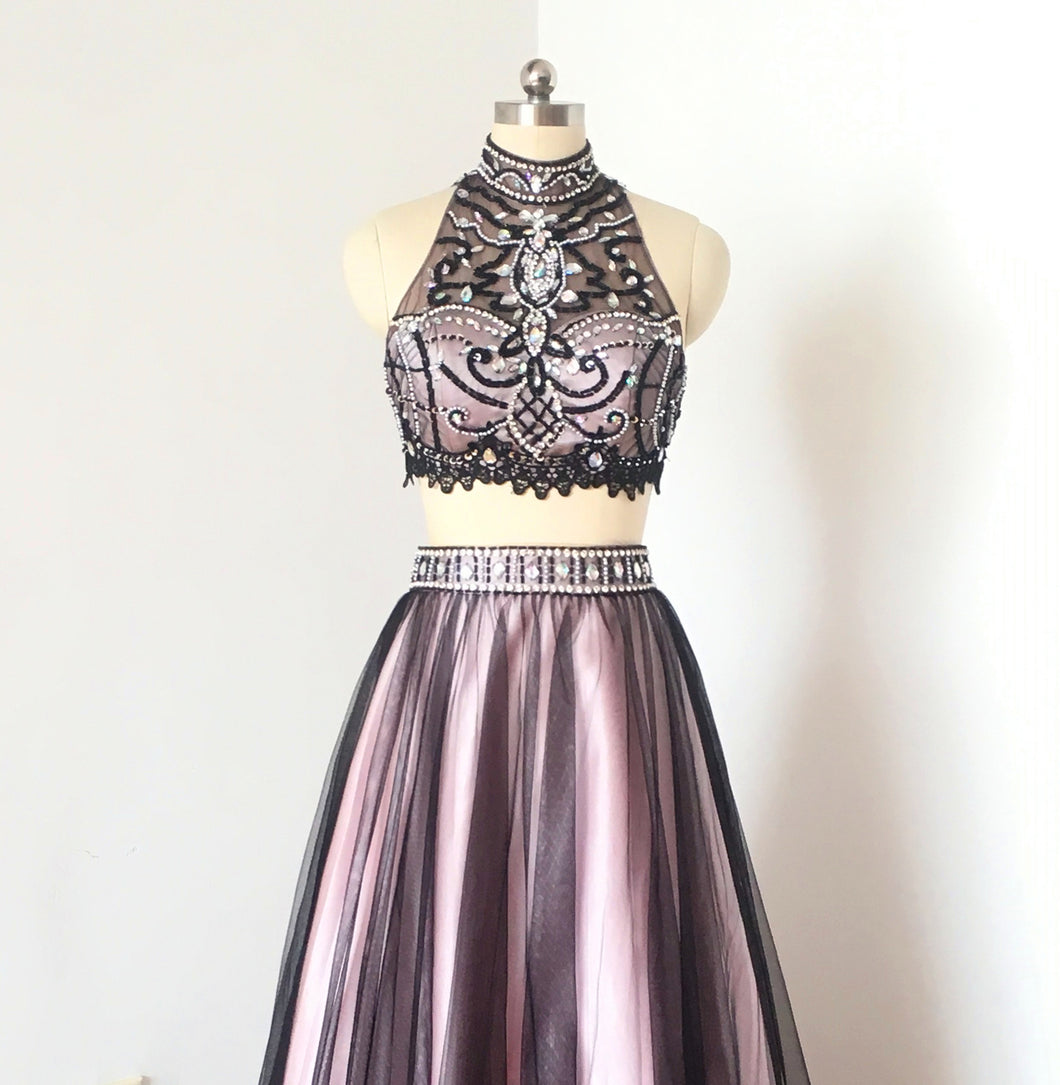 Gorgeous Two Piece Black Tulle Pink Lining Short Homecoming Dress