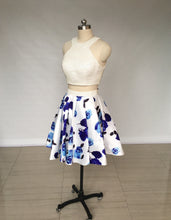 Load image into Gallery viewer, Two Piece Ivory Floral Print Satin Short Homecoming Dress