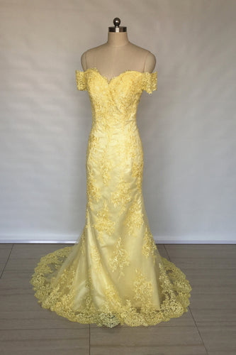 Off Shoulder Sweetheart Yellow Lace Long Prom Dress 2020 Mermaid