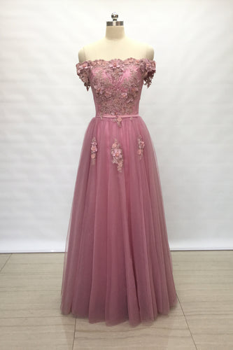 Off Shoulder Dusty Rose Lace Tulle Long Prom Dress 2020