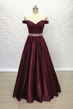 Load image into Gallery viewer, Off Shoulder Burgundy Satin Long Prom Dress 2020