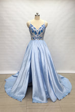 Load image into Gallery viewer, Spaghetti Straps Light Sky Blue Satin Long Prom Dress 2020 with Slit