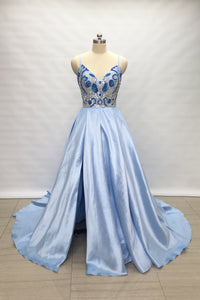 Spaghetti Straps Light Sky Blue Satin Long Prom Dress 2020 with Slit