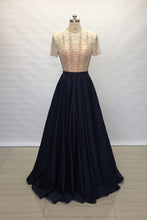 Load image into Gallery viewer, Modest Sweetheart Navy Blue Satin Long Prom Dress 2020 Short Sleeves