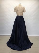 Load image into Gallery viewer, Modest Sweetheart Navy Blue Satin Long Prom Dress 2020 Short Sleeves
