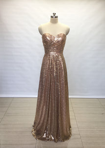 A-line Sweetheart Bronze Gold Sequin Long Bridesmaid Dress