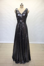 Load image into Gallery viewer, A-line V-neck Charcoal Grey Sequin Long Bridesmaid Dress