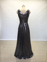 Load image into Gallery viewer, A-line V-neck Charcoal Grey Sequin Long Bridesmaid Dress