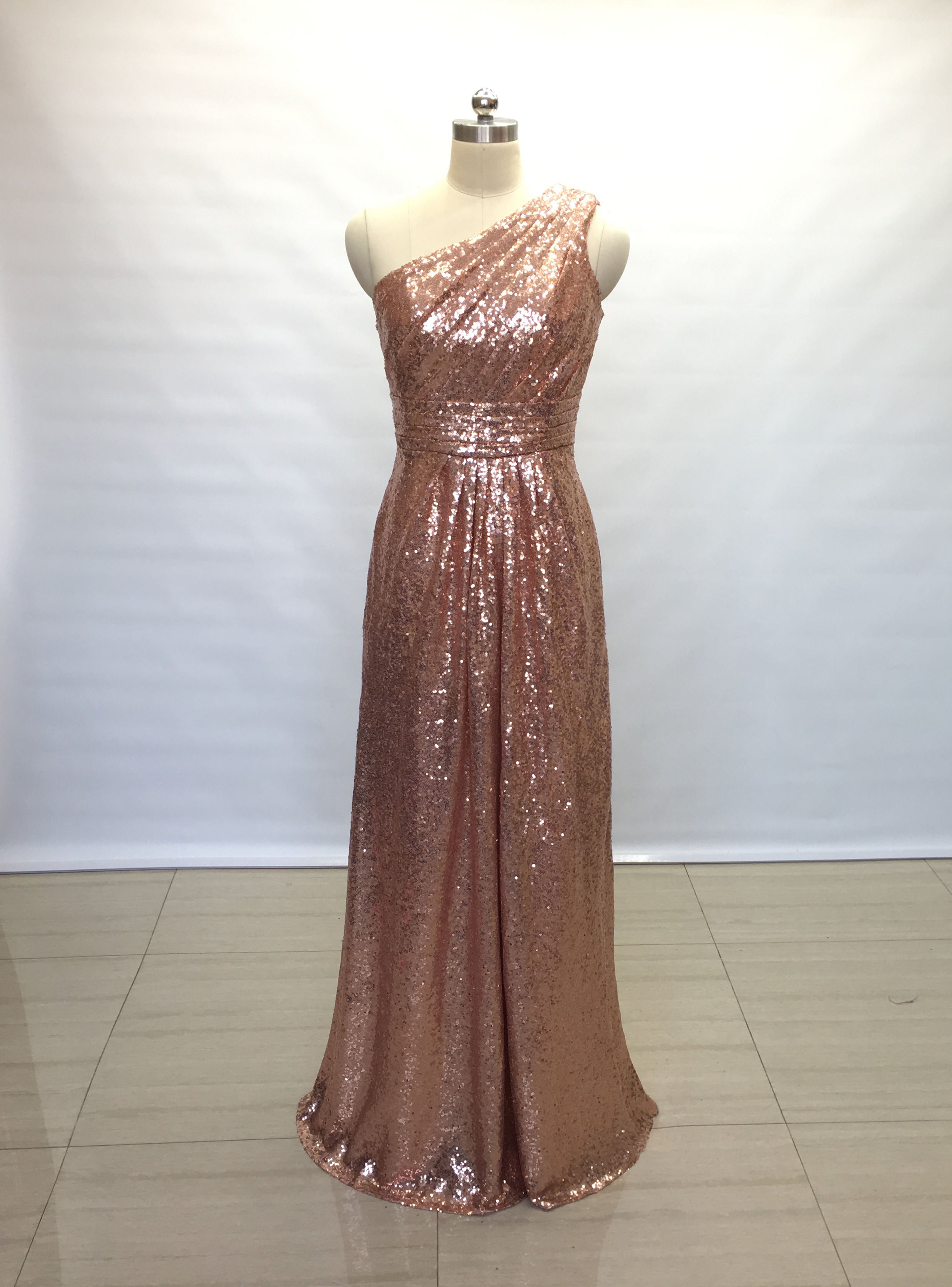 A Line One Shoulder Rose Gold Sequin Long Bridesmaid Dress 16 Custom Color