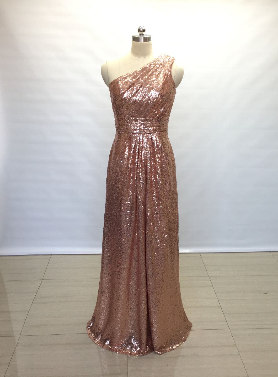 A-line One-shoulder Rose Gold Sequin Long Bridesmaid Dress