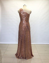 Load image into Gallery viewer, A-line One-shoulder Rose Gold Sequin Long Bridesmaid Dress