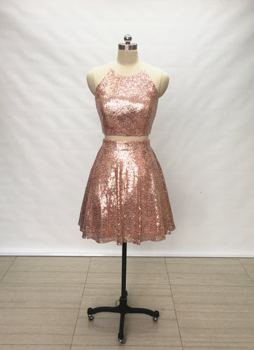 Two Piece Rose Gold Sequin Short Homecoming Dress