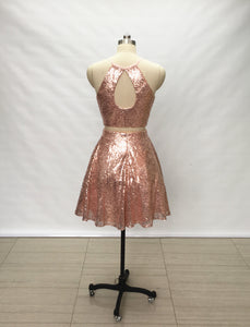 Two Piece Rose Gold Sequin Short Homecoming Dress