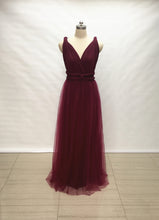 Load image into Gallery viewer, Custom Burgundy Tulle Overlay Spandex Long Convertible Bridesmaid Dress