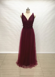 Custom Burgundy Tulle Overlay Spandex Long Convertible Bridesmaid Dress