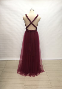 Custom Burgundy Tulle Overlay Spandex Long Convertible Bridesmaid Dress