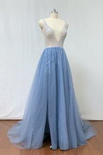 Load image into Gallery viewer, Beaded Dusty Blue Tulle Long Prom Dress 2020 with Slit