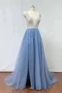 Beaded Dusty Blue Tulle Long Prom Dress 2020 with Slit