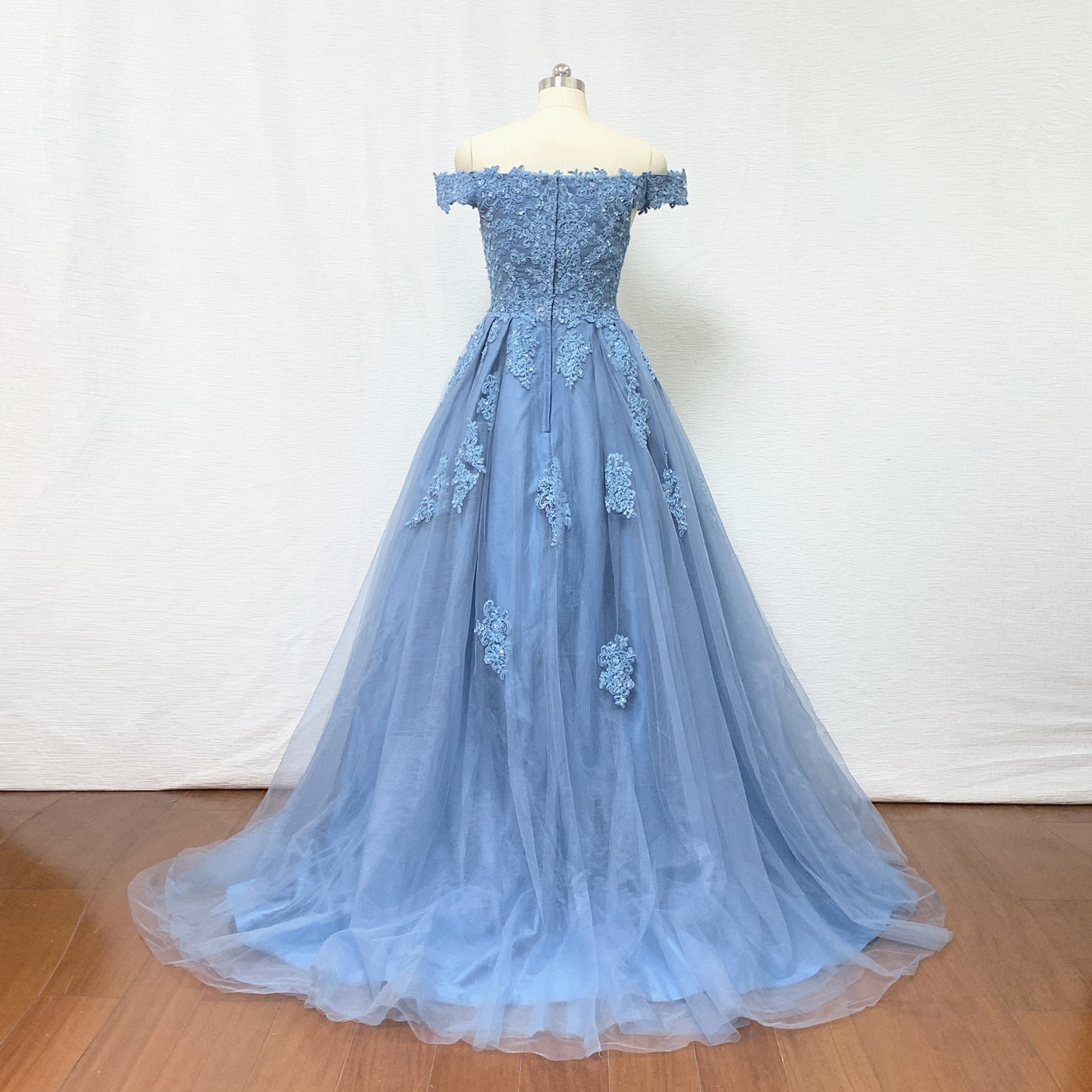 Plus Size Prom Dress 2023 A-line Elegant Off the Shoulder Lace Tulle with Appliques Pleats 8 / Blue Plus Size Prom Dress 2023 A-line Elegant Off the Shoulder Lace Tulle with Appliques Pleats 8 / Blue