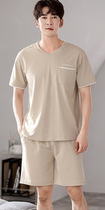 V-neck Plain Weave Modal Cotton Short-Sleeved Shorts Homewear Men's Solid Color Thin Pajamas Set