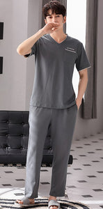 Short-Sleeved Trousers Pajama Set Men's Summer Plain Modal Cotton Loungewear V-Neck