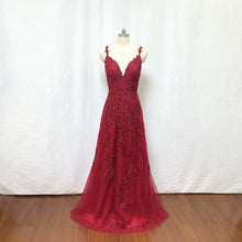 Load image into Gallery viewer, Burgundy Prom Dress 2023 Spaghetti Straps Lace Applique Maxi Dress
