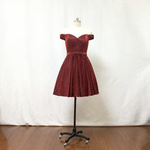 Load image into Gallery viewer, Off the Shoulder Burgundy Glitter Short Homecoming Dress with Pockets