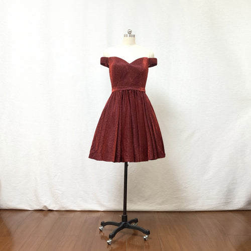 Off the Shoulder Burgundy Glitter Short Homecoming Dress with Pockets