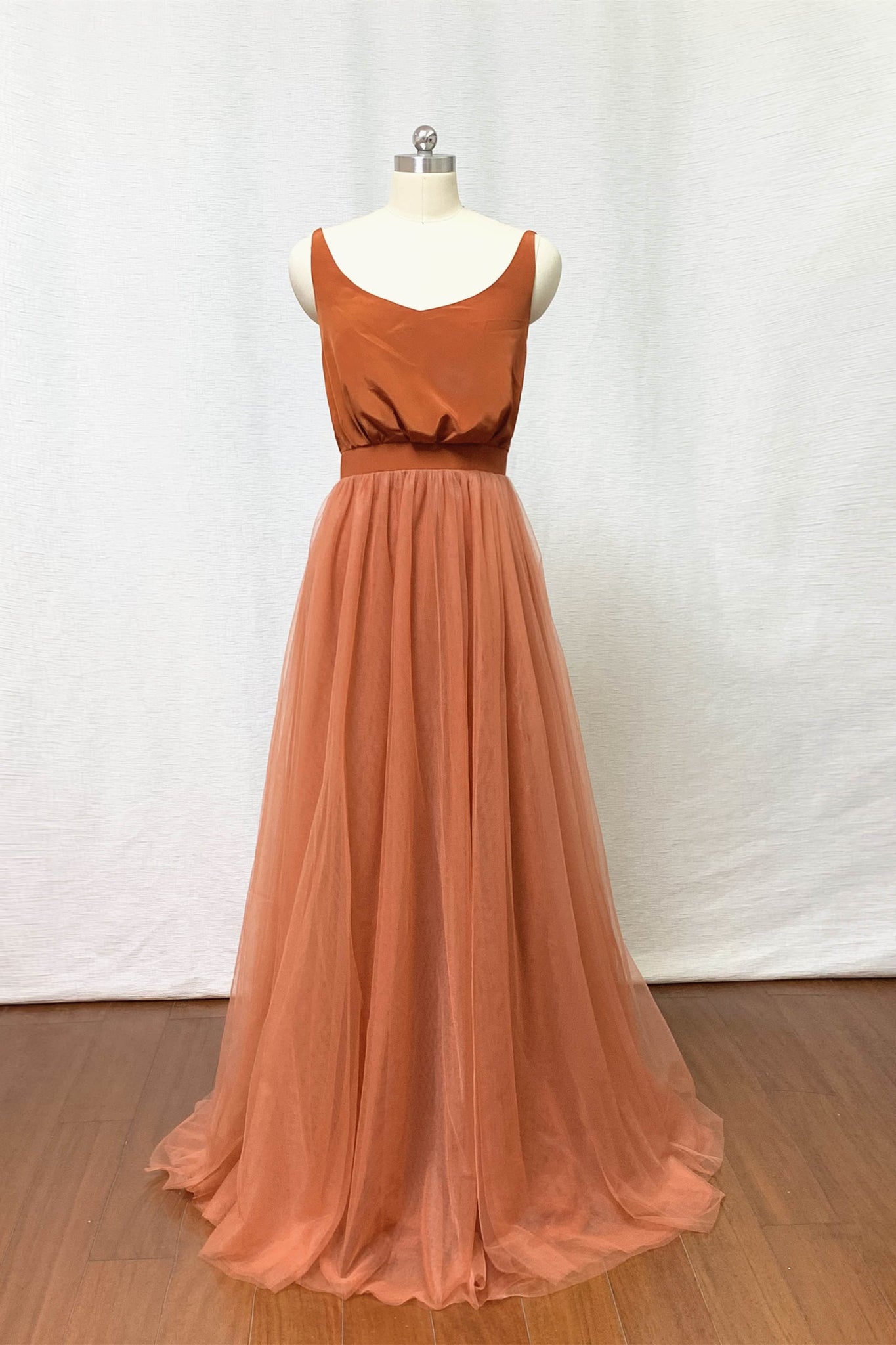Burnt Orange Chiffon Tulle Long Bridesmaid Dress 2 / Custom Color Burnt Orange Chiffon Tulle Long Bridesmaid Dress 2 / Custom Color