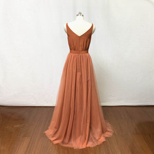 Burnt Orange Chiffon Tulle Long Bridesmaid Dress