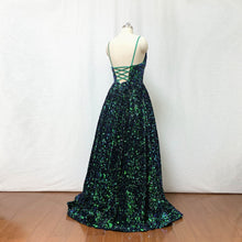 Load image into Gallery viewer, Prom Dress 2023 Corset Back Spaghetti Straps Taffeta Glitter Sequin Floral Evening Dress
