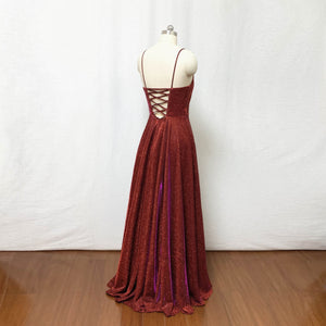 Burgundy Prom Dress 2020 Spaghetti Straps Glitter Long Evening Dress with Slit