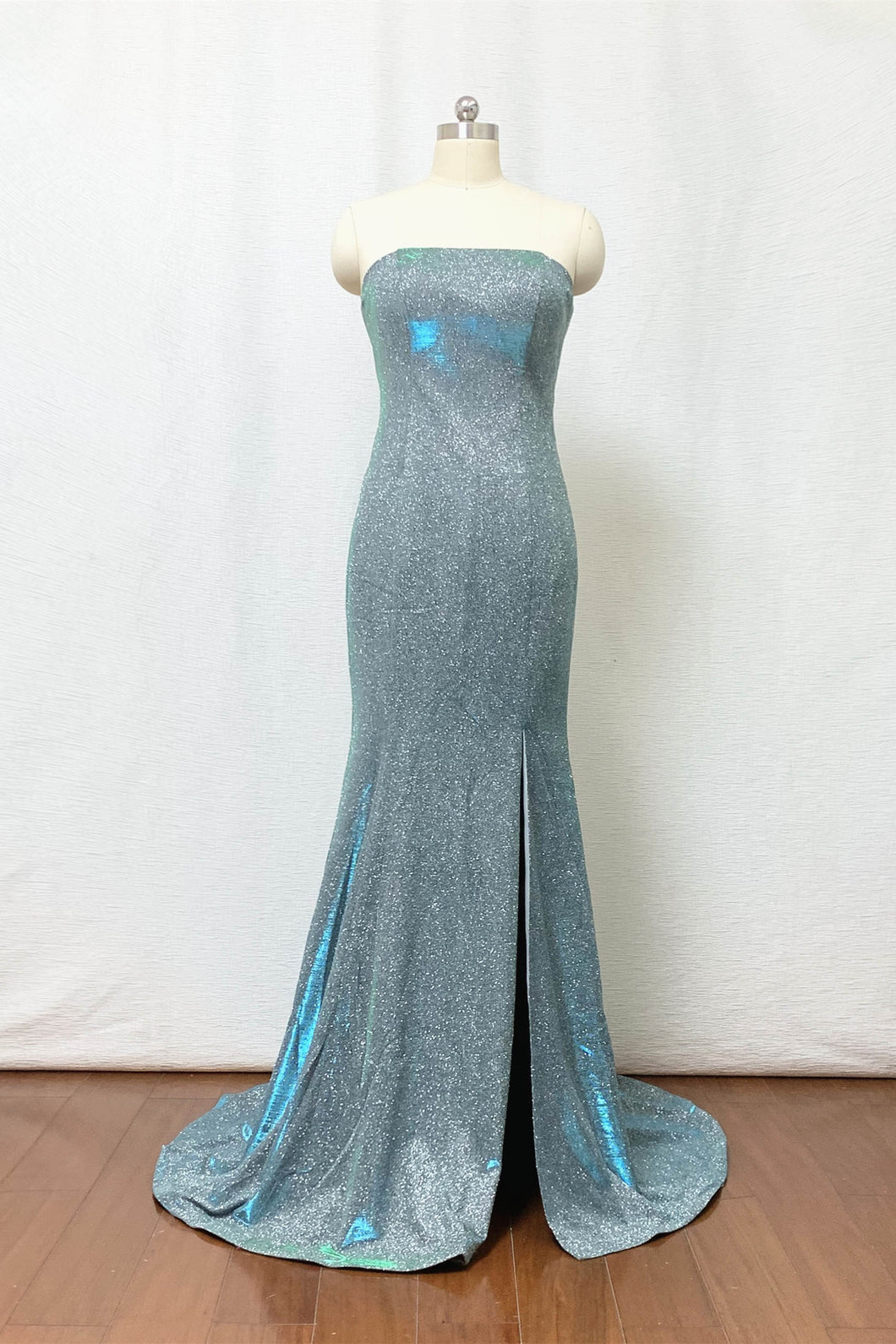 Mermaid Prom Dress 2020 Strapless Silver Green Glitter Long Evening Dress with Slit