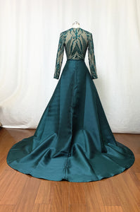 Dark Green Pattern Sequin Prom Dress 2023 Mermaid Long Sleeves with Detachable Skirt Satin