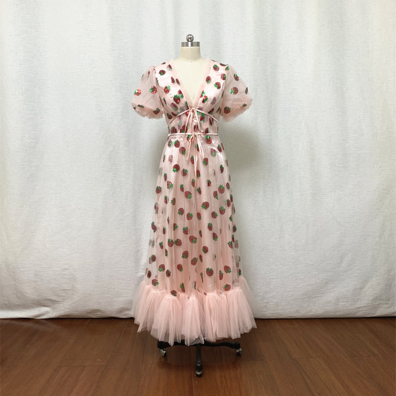 midi prom dress with sleeves Strawberry Tulle Midi Prom Dress 2023 Made-to-Order with Puffy Sleeves 12 / Strawberry