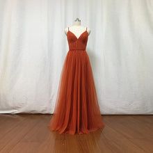 Load image into Gallery viewer, Burnt Orange Tulle Prom Dress 2023 Spaghetti Straps Boho Bridesmaid Dress
