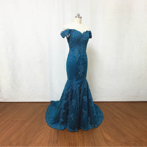 Blue Green Lace Tulle Prom Dress 2023 Mermaid with Corset Back