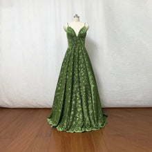 Load image into Gallery viewer, Moss Green Floral Prom Dress 2023 Ball Gown Spaghetti Straps Long Evening Dress with Pockets