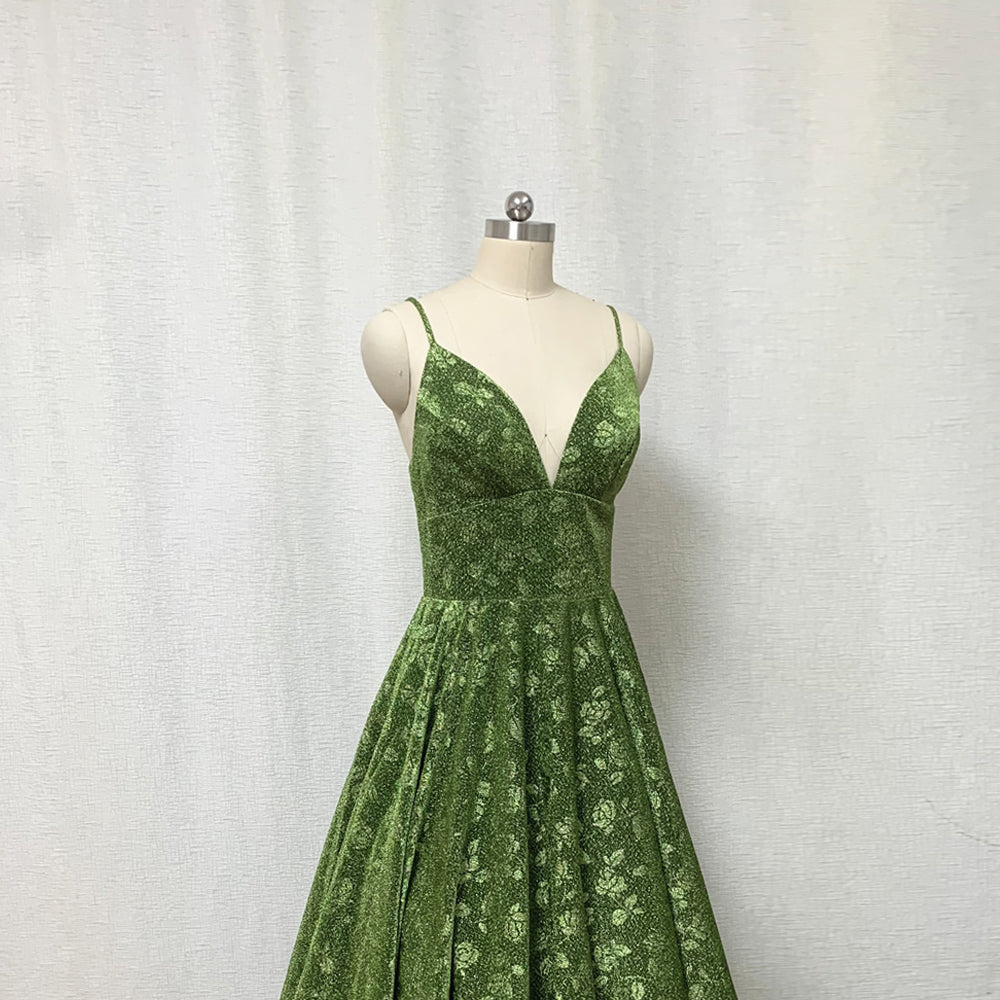 Moss Green Floral Prom Dress 2023 Ball Gown Spaghetti Straps Long Even – DressCulture